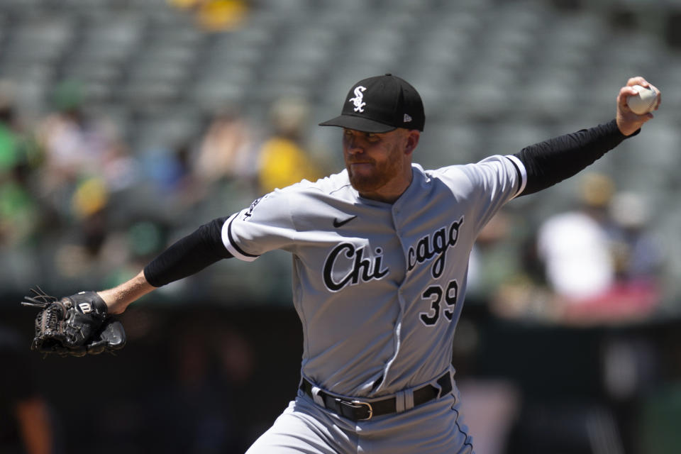 Chicago White Sox pitcher Aaron Bummer delivers against the Oakland Athletics during the fourth inning of a baseball game, Sunday, July 2, 2023, in Oakland, Calif. (AP Photo/D. Ross Cameron)