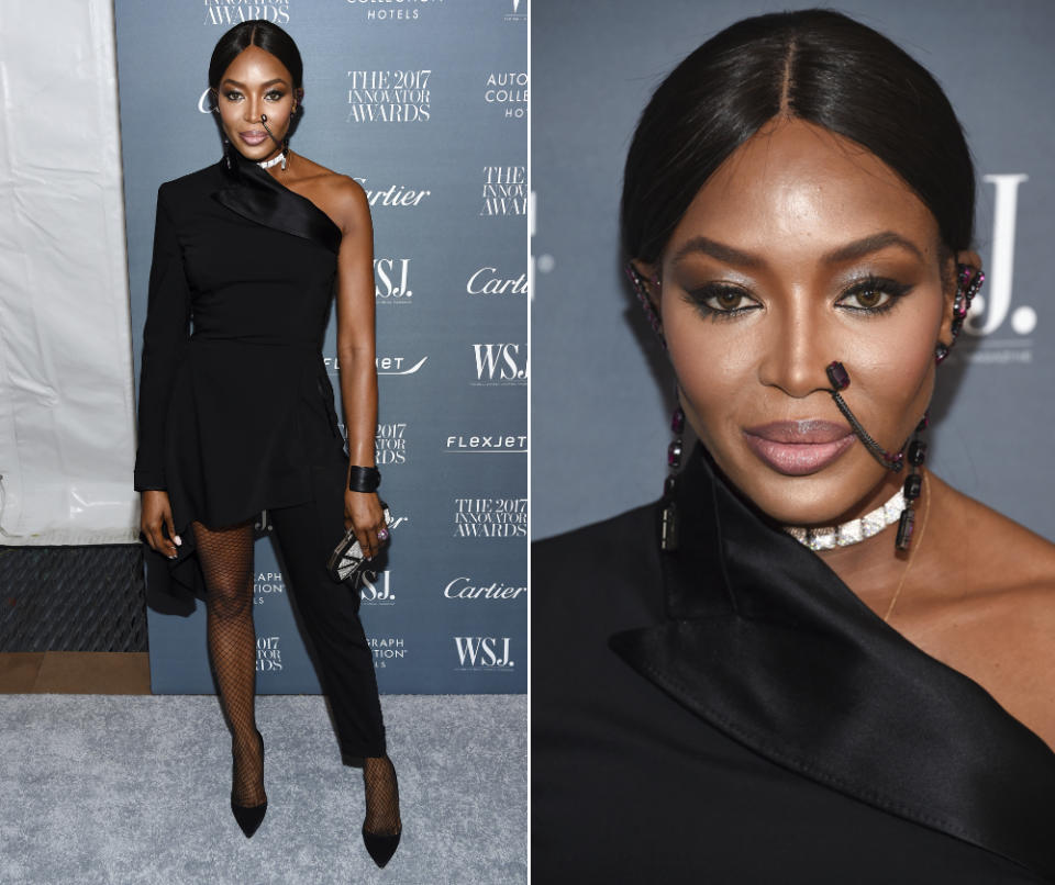 <p>Einen ähnlichen Fehler beging Naomi Campbell auf den WSJ Magazine 2017 Innovator Awards in New York: Sie trug einen spektakulären Anzug von Jean Paul Gaultier Couture, dessen asymmetrische Akzente – der eigentliche Clou am Look – nicht nur durch die Netzstrumpfhose gedämpft wurden – da war auch noch der hyperauffällige Nasenschmuck, der zum unfreiwilligen Protagonisten des Outfits wurde. (1. November 2017, Bilder: AP) </p>