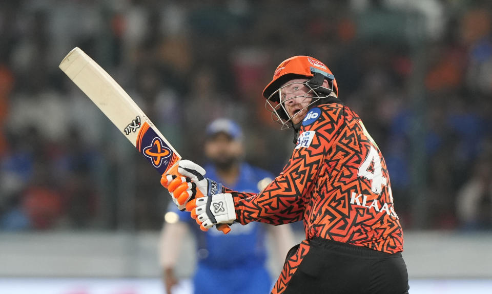 Sunrisers Hyderabad's Heinrich Klaasen plays a shot during the Indian Premier League cricket tournament between Sunrisers Hyderabad and Mumbai Indians in Hyderabad, India, Wednesday, March 27, 2024.(AP Photo/Mahesh Kumar A.)