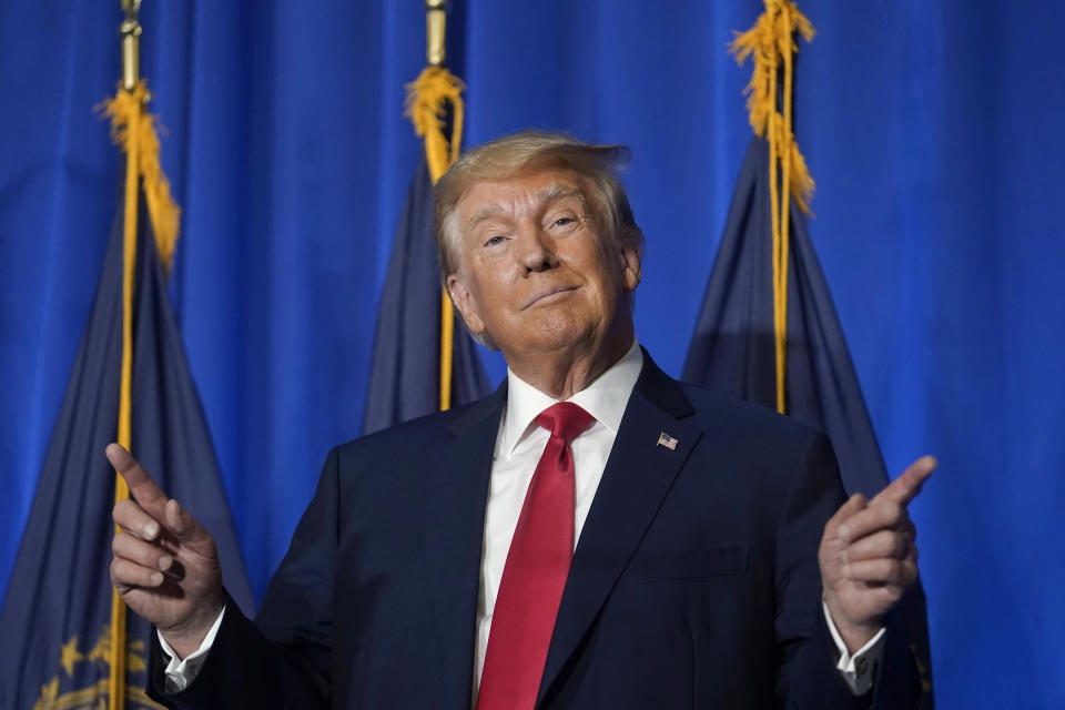 Former President Donald Trump gestures before speaking at the New Hampshire Federation of Republican Women Lilac Luncheon, Tuesday, June 27, 2023, in Concord, N.H. (AP Photo/Steven Senne)