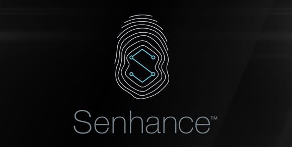 Senhance name and logo on black background.