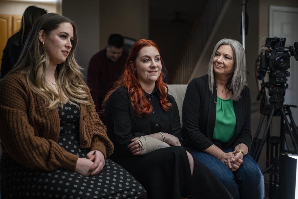 Virginia elementary school teacher Abigail Zwerner, center, her mother Julie, right, and sister Hannah, left, speak during an interview at an undisclosed location in Virginia on March 20, 2023.  (Carlos Bernate for NBC News)