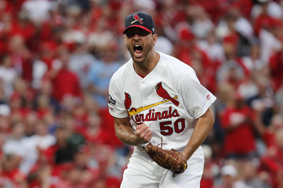 St. Louis Cardinals starting pitcher Adam Wainwright celebrates after striking out Atlanta Braves' Freddie Freeman to end the top of the sixth inning in Game 3 of a baseball National League Division Series on Sunday, Oct. 6, 2019, in St. Louis. (AP Photo/Jeff Roberson)