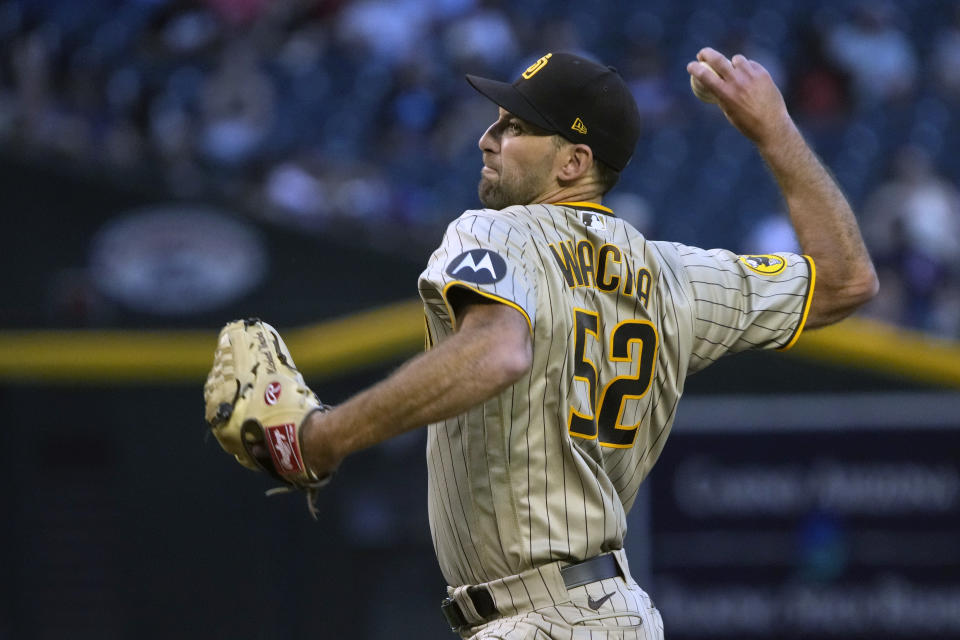 San Diego Padres pitcher Michael Wacha throws to an Arizona Diamondbacks batter during the first inning during a baseball game Thursday, April 20, 2023, in Phoenix. (AP Photo/Rick Scuteri)