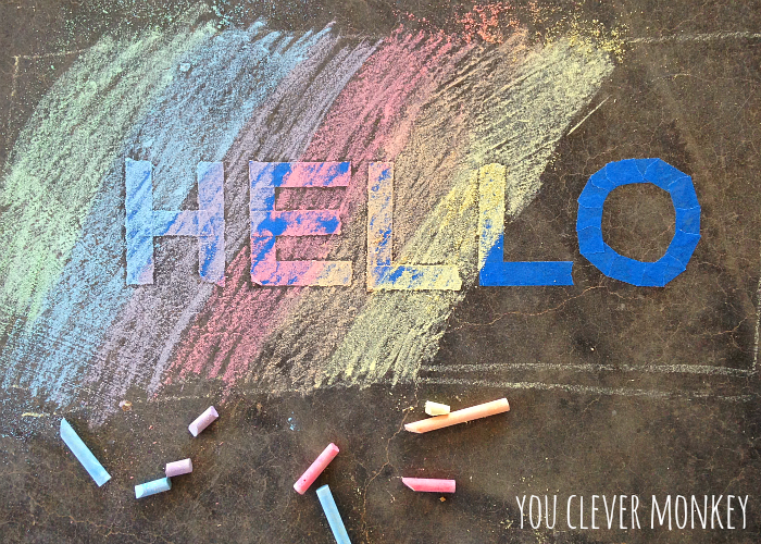 <p>Create a cool chalk art look by laying down painter’s tape first. Draw a pattern or word using the tape; then chalk over it in colors of your choice. When you remove the tape, you’ve got a cool resist look left behind.</p><p><em><a href="https://www.youclevermonkey.com/2015/01/easyplayidea-2.html" rel="nofollow noopener" target="_blank" data-ylk="slk:Get the tutorial from You Clever Monkey »;elm:context_link;itc:0;sec:content-canvas" class="link ">Get the tutorial from You Clever Monkey »</a></em></p>