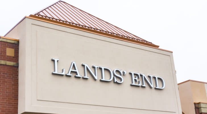 The logo for Lands' End is displayed on a retail storefront.