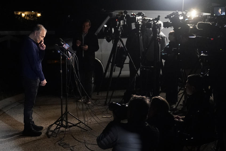 Uri Raanan pauses as he talks to reporters outside his Bannockburn, Ill., home after his daughter, Natalie, and her mother, Judith Raanan, were released by Hamas, Friday, Oct. 20, 2023. (AP Photo/Charles Rex Arbogast)