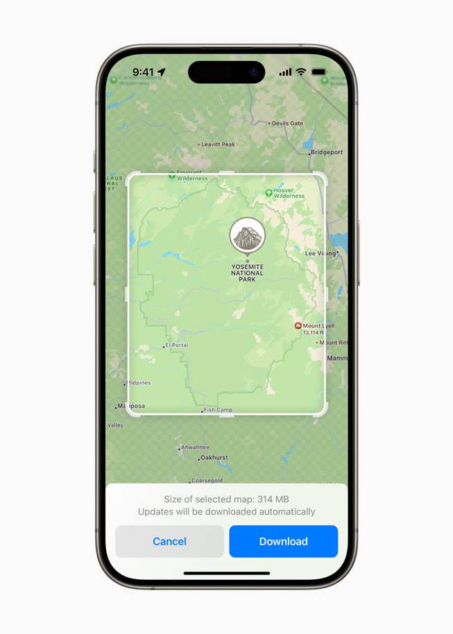 新增離線地圖功能，使用者可先下載特定區域的地圖，然後於離線狀態下使用逐步導航、查看預計抵達時間，並在「地圖」上尋找地點等。圖片來源：Apple