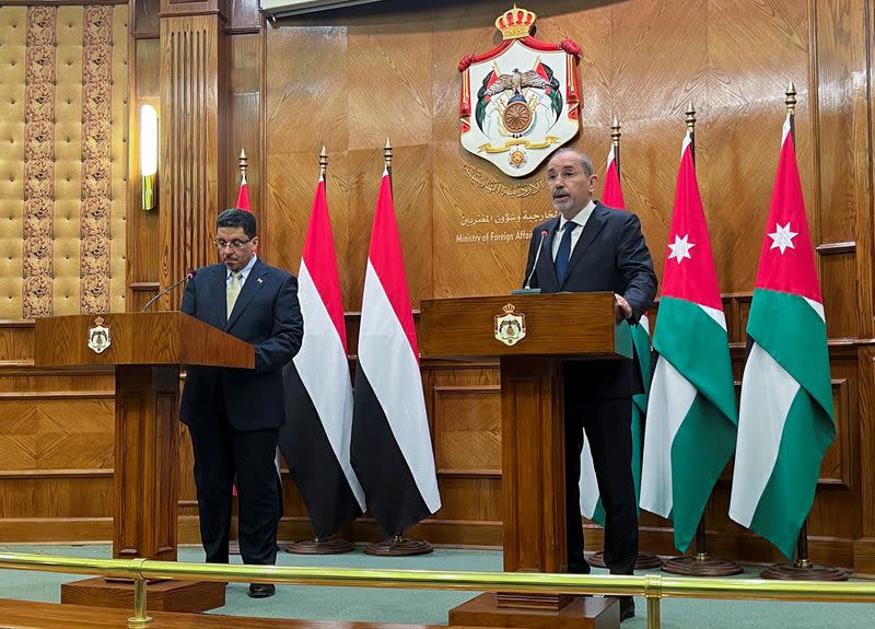 Jordanian Foreign Minister Ayman Safadi speaks during a joint news conference with Yemeni Foreign Minister Ahmed Awad Bin Mubarak in Amman