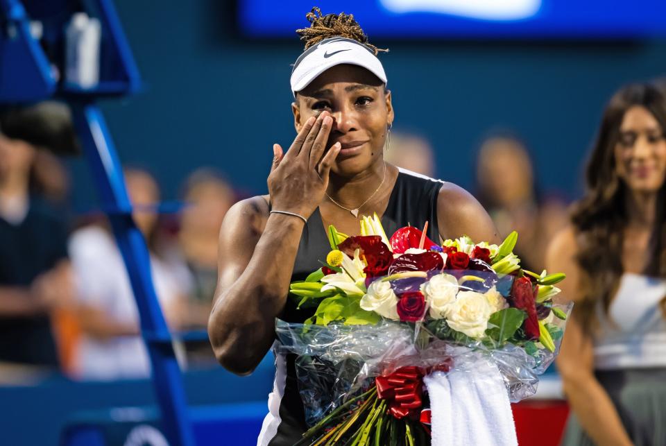 Serena Williams reacts during a post-match ceremony after losing to Belinda Bencic of Switzerland on Day 5 of the National Bank Open, part of the Hologic WTA Tour, at Sobeys Stadium on August 10, 2022 in Toronto, Ontario.