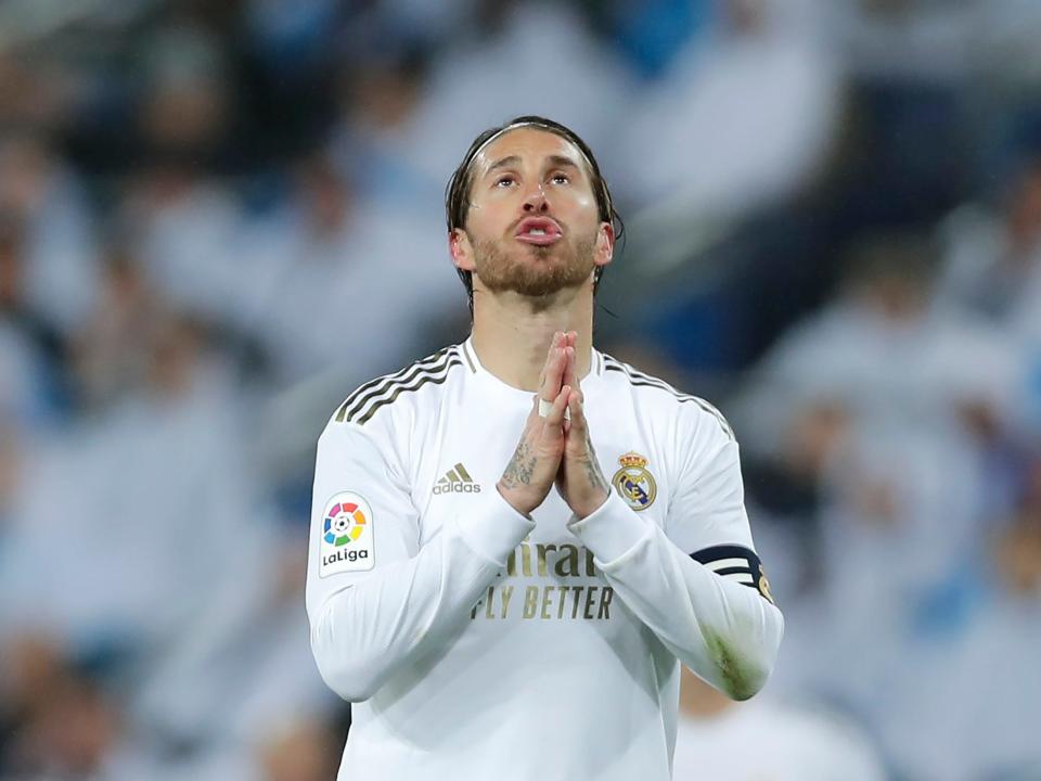 Real Madrid's Sergio Ramos reacts during the Spanish La Liga soccer match between Real Madrid and Barcelona at the Santiago Bernabeu stadium in Madrid, Spain, Sunday, March 1, 2020. (AP Photo/Manu Fernandez)