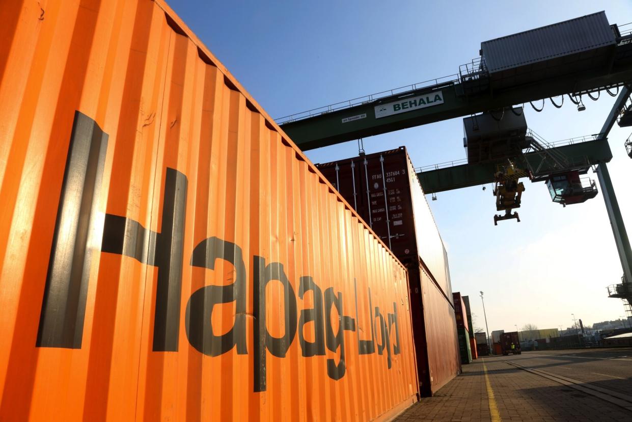 FILE PHOTO: A Hapag-Lloyd AG shipping container near a gantry crane at Behala inland port in Berlin, Germany, on Tuesday, Jan. 26, 2021.  (Photo: Liesa Johannssen-Koppitz/Bloomberg)