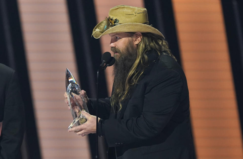 Chris Stapleton accepts the award for single of the year for "Starting Over" at the 55th annual CMA Awards on Wednesday, Nov. 10, 2021, at the Bridgestone Arena in Nashville, Tenn. (AP Photo/Mark Humphrey)