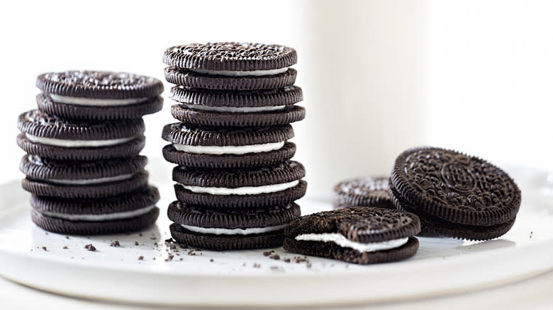 Oreo cookies on a white platter