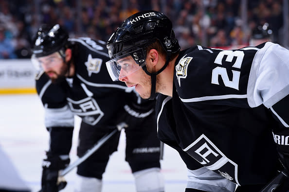 LOS ANGELES, CA - OCTOBER 27: Dustin Brown #23 and Drew Doughty #8 of the Los Angeles Kings line up for a face-off during the game against the Nashville Predators on October 27, 2016 at Staples Center in Los Angeles, California. (Photo by Juan Ocampo/NHLI via Getty Images) *** Local Caption ***