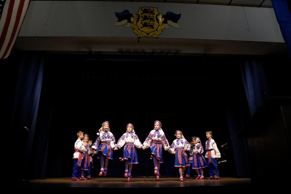 Students with the Ukrainian dance group Vodorhay from the Nadiya Dance School perform during a fundraiser for Ukraine at the Lakewood Estonian House on Saturday, May 14, 2022 in Jackson, New Jersey. 