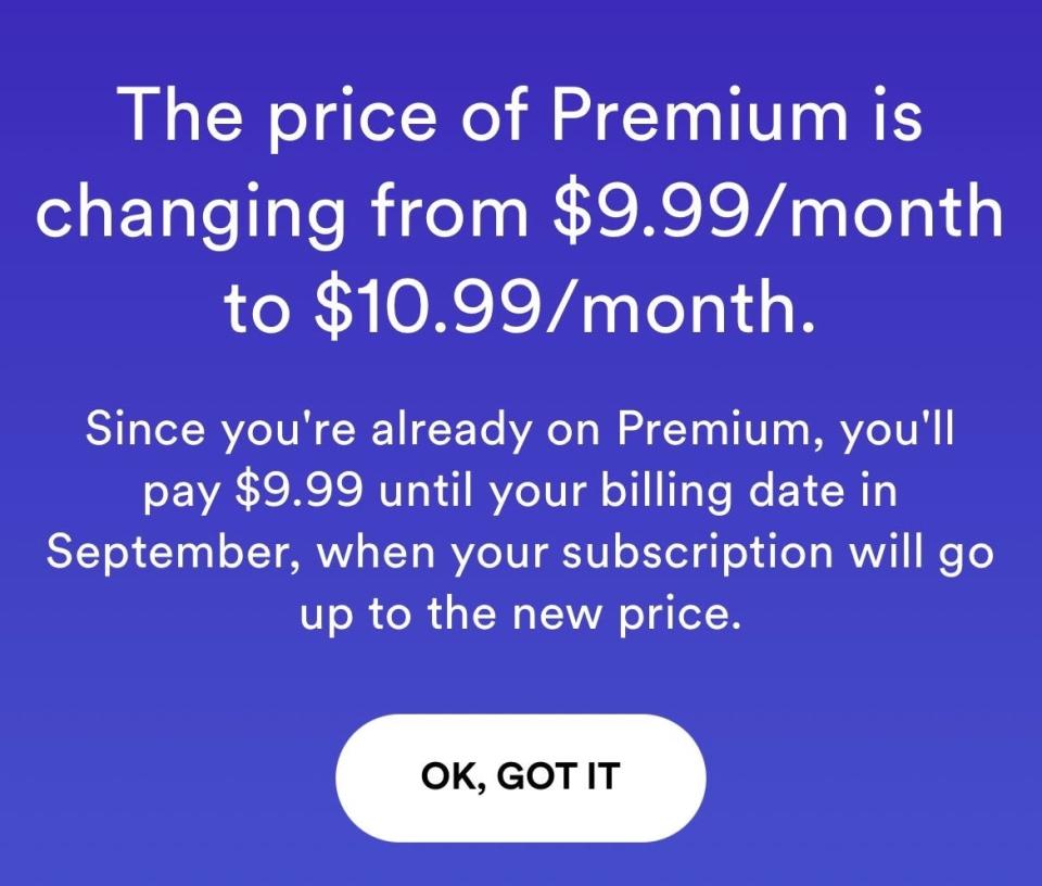 Text over a purple background explaining the price increase for Spotify subscriptions.