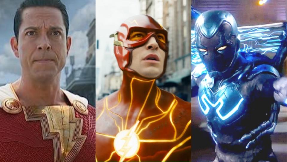 Zachary Levi in Shazam! Fury of the Gods, Ezra Miller as The Flash, and Xolo Maridueña as Blue Beetle.