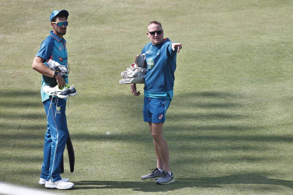 Mitchell Starc, pictured here during an Aussie training session ahead of the second Test in India.