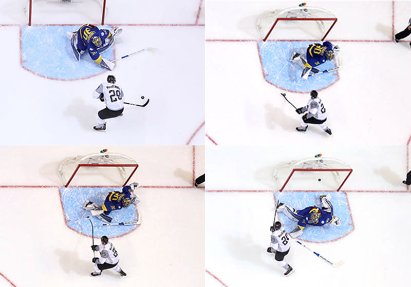 Nathan MacKinnon of Team North America scores the game-winning goal in overtime past Henrik Lundqvist (Getty Images)