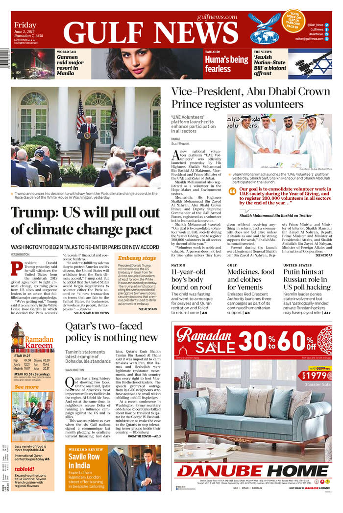 <p>“Gulf News,” published in Dubai, United Arab Emirates. (Newseum) </p>