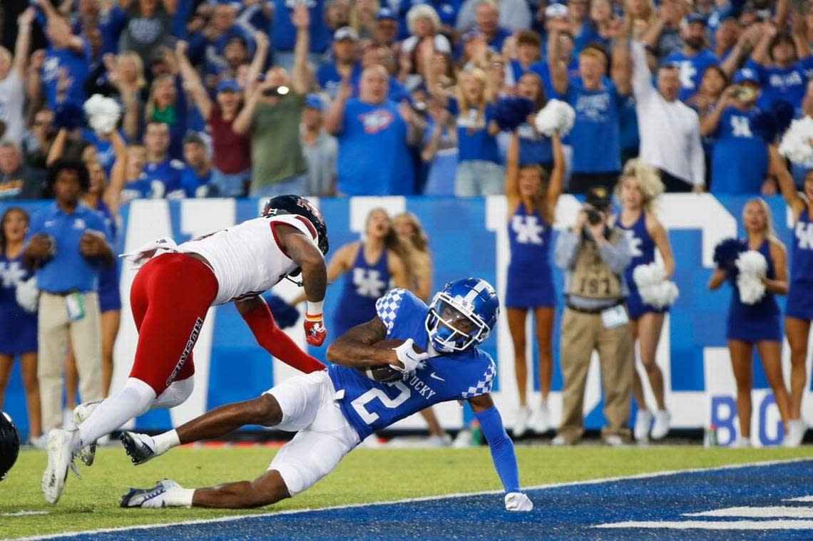 Kentucky wide receiver Barion Brown scores on a touchdown catch at the end of the first quarter against Northern Illinois on Saturday, Sept. 24, 2022, at Kroger Field in Lexington, Ky.