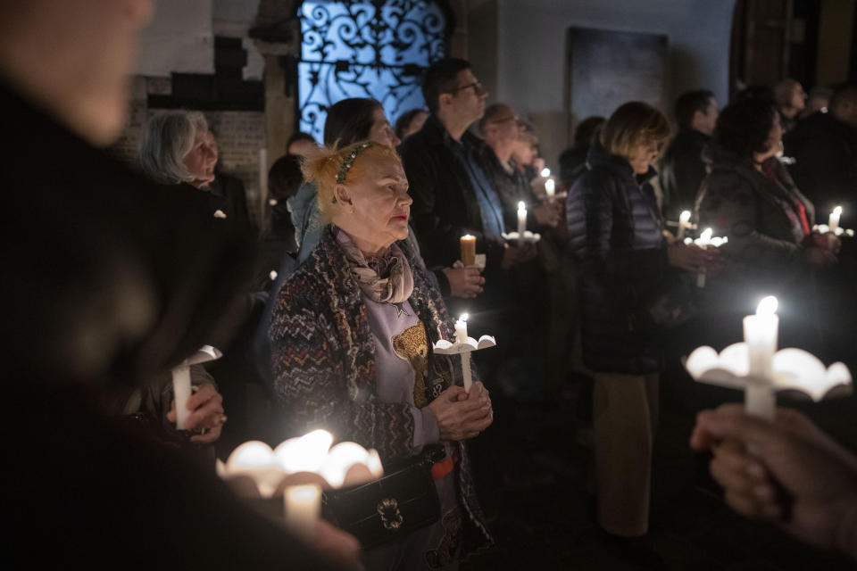 Faithful pray as they take part in a pro-life march in Zagreb, Croatia, Friday, March 15, 2024. Scores of religious and neo-conservative groups in recent years have been building up pressure in the staunchly Catholic country, trying to force a ban on abortions. (AP Photo/Darko Bandic)