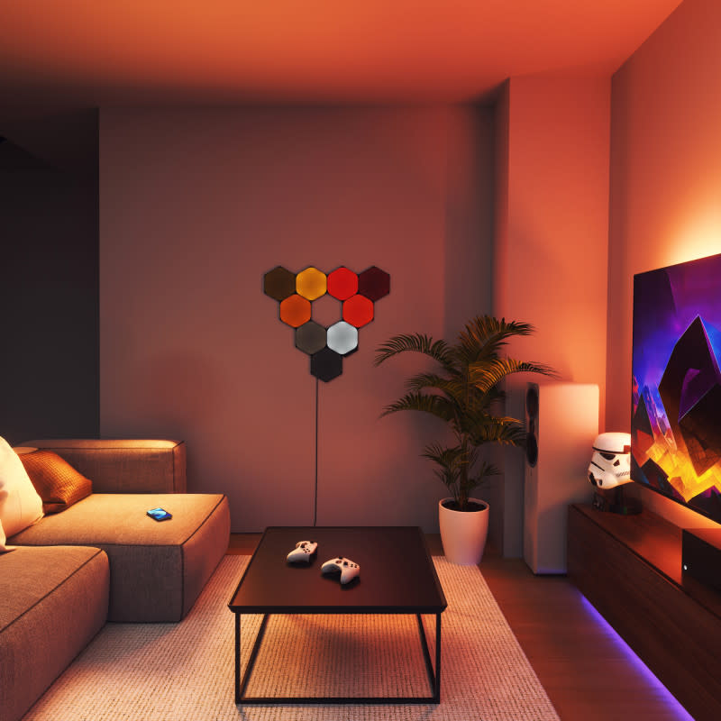 <p>Nanoleaf</p><p>“Nanoleaf Shapes are the OG of modular lighting," says Chu. "These smart light panels offer 16M+ colors, and are sound & touch-responsive. They are available in Hexagons, Triangles and Mini Triangles, and even come in an Ultra Black design, which users can mix-and-match for their own creative layouts.”</p><p><strong><a href="https://clicks.trx-hub.com/xid/arena_0b263_mensjournal?event_type=click&q=https%3A%2F%2Fgo.skimresources.com%2F%3Fid%3D106246X1740122%26url%3Dhttps%3A%2F%2Fnanoleaf.me%2Fen-US%2Fproducts%2Fnanoleaf-shapes%2F%3Fcategory%3Dultra-black-hexagons%26pack%3Dsmarter-kit%26size%3D9&p=https%3A%2F%2Fwww.mensjournal.com%2Fpursuits%2Fhome-living%2Flighting-trends-for-the-home%3Fpartner%3Dyahoo&ContentId=ci02d0e776b000240c&author=Emily%20Fazio&page_type=Article%20Page&partner=yahoo&section=Smart%20Home&site_id=cs02b334a3f0002583&mc=www.mensjournal.com" rel="nofollow noopener" target="_blank" data-ylk="slk:SEE SHAPES;elm:context_link;itc:0;sec:content-canvas" class="link ">SEE SHAPES</a>:</strong> Limited Edition Ultra Black Hexagons Smarter Kit with 9 panels for $219.99, Expansion packs available for $69.99</p>