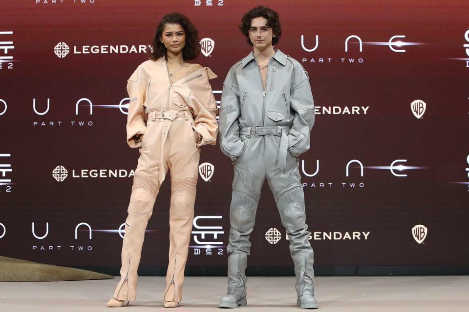 <p>Chung Sung-Jun/Getty Images</p> Zendaya and Timothee Chalamet promote 