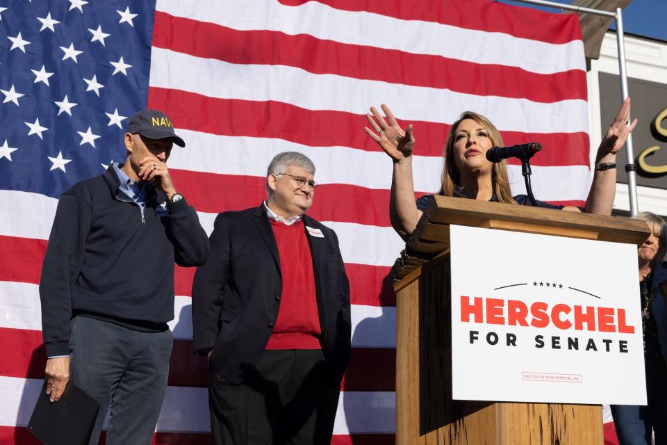 Republican National Committee Chair Ronna McDaniel campaigns for Georgia Republican Senate nominee Herschel Walker during a campaign stop on October 20, 2022 in Macon, Georgia.