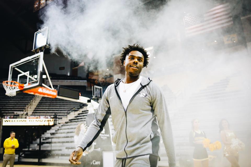Missouri forward Kobe Brown walks on to the court as he is introduced during Missouri's NCAA Selection Show watch party on March 12, 2023, at Mizzou Arena.