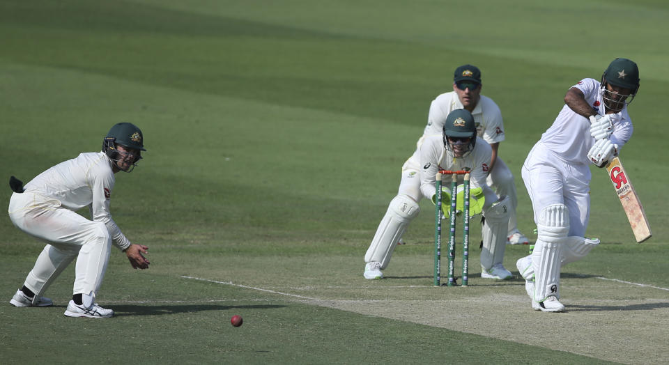 Pakistan's Fakhar Zaman plays a shot during their test match against Australia in Abu Dhabi, United Arab Emirates, Tuesday, Oct. 16, 2018. (AP Photo/Kamran Jebreili)