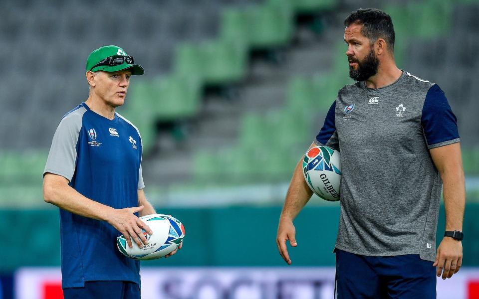 Head coach Joe Schmidt, left, with defence coach Andy Farrell during Ireland Rugby captain's run at the Kobe Misaki Stadium in Kobe, Japan