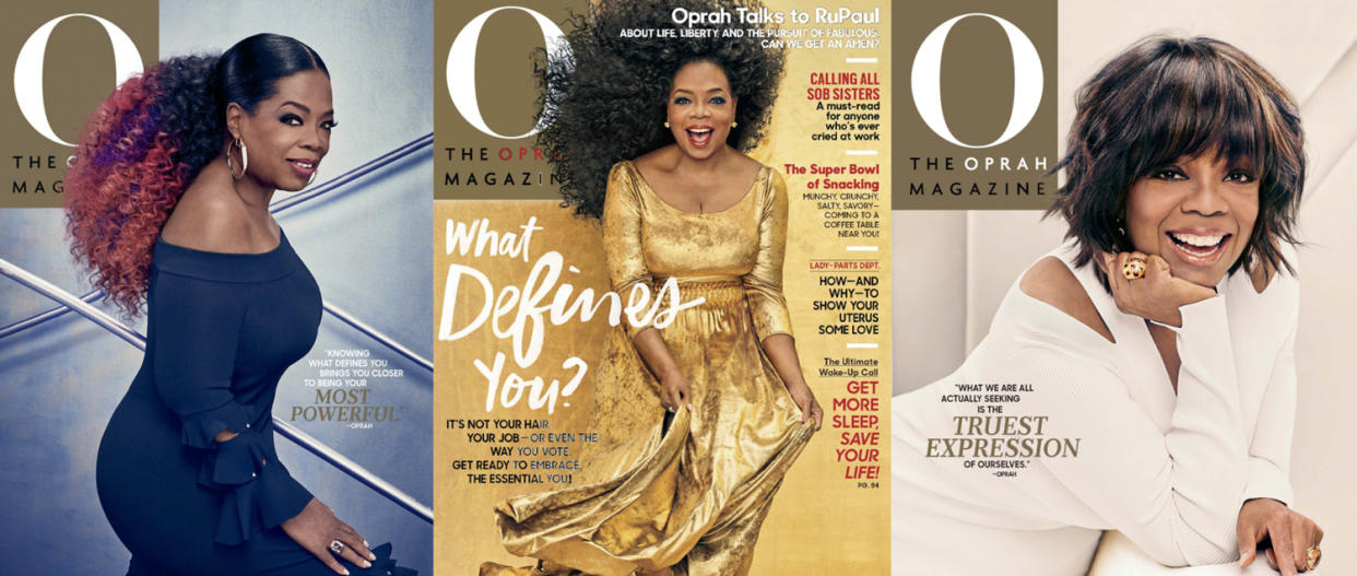 Oprah showed off three totally different hair looks for the February 2018 cover of <em>O Magazine</em>. (Photo: Oprah Magazine)