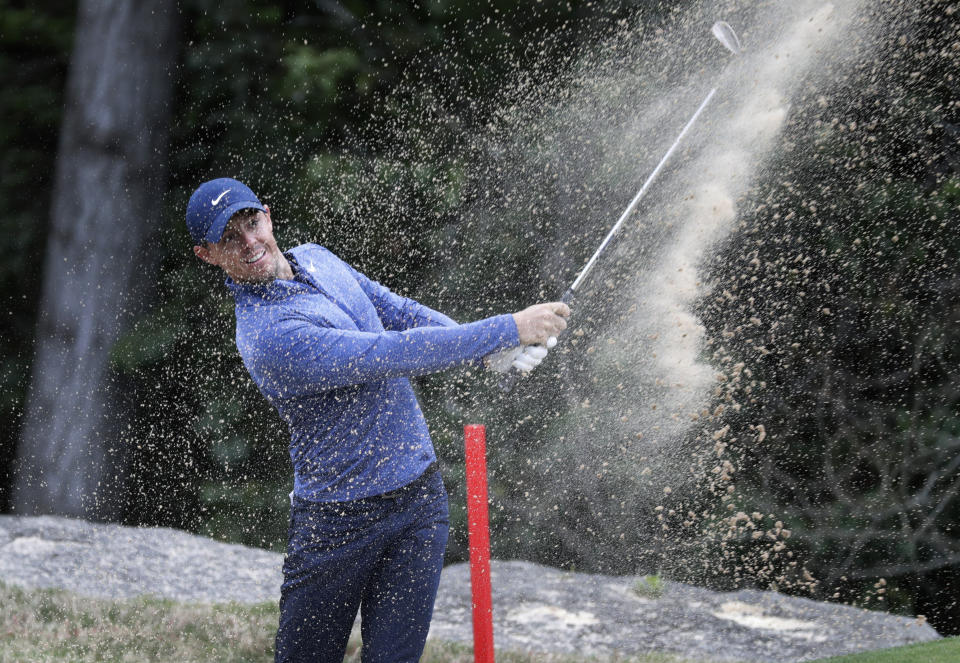 Rory McIlroy plays a shot from a bunker on the second hole during fourth round play at the Dell Technologies Match Play Championship golf tournament, Saturday, March 30, 2019, in Austin, Texas. (AP Photo/Eric Gay)