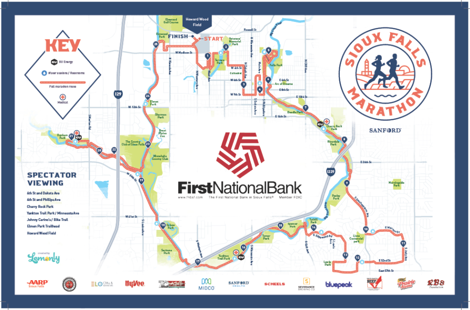 The map outlines the route for the Sioux Falls Marathon's full race route Sunday, Aug. 27, 2023.