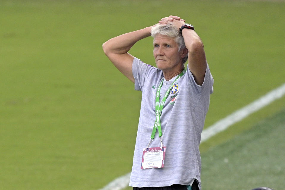 Brazil head coach Pia Sundhage reacts on the sideline during the first half of a SheBelieves Cup women's soccer match against Canada, Wednesday, Feb. 24, 2021, in Orlando, Fla. (AP Photo/Phelan M. Ebenhack)