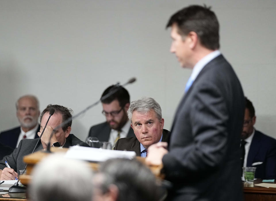 Scott Gessler, attorney for former President Donald Trump, looks on as Michael Kotlarczyk, from the Colorado Attorney General's office, delivers closing arguments in a hearing for a lawsuit to keep Trump off the state ballot, Wednesday, Nov. 15, 2023, in Denver. (AP Photo/Jack Dempsey, Pool)