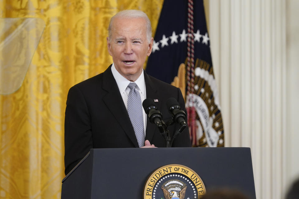 President Joe Biden speaks during a Nowruz celebration in the East Room of the White House, Monday, March 20, 2023, in Washington. Biden signed a bipartisan bill on Monday, March 20, 2023, that directs the federal government to declassify as much intelligence as possible about the origins of COVID-19 more than three years after the start of the global pandemic. (AP Photo/Evan Vucci)