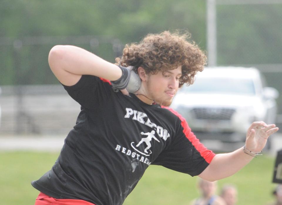 Piketon's Alan Austin during the shot put event in the Scioto Valley Conference track and field championships at Huntington High School on May 12, 2023.