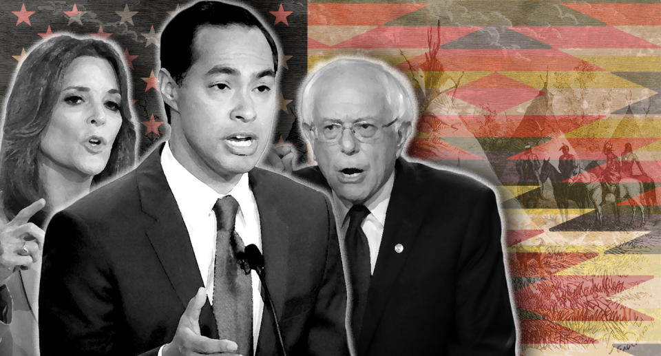 Marianne Williamson, Julian Castro and Bernie Sanders. (Photo illustration: Yahoo News; photos: AP(3), Getty Images (2), AP)