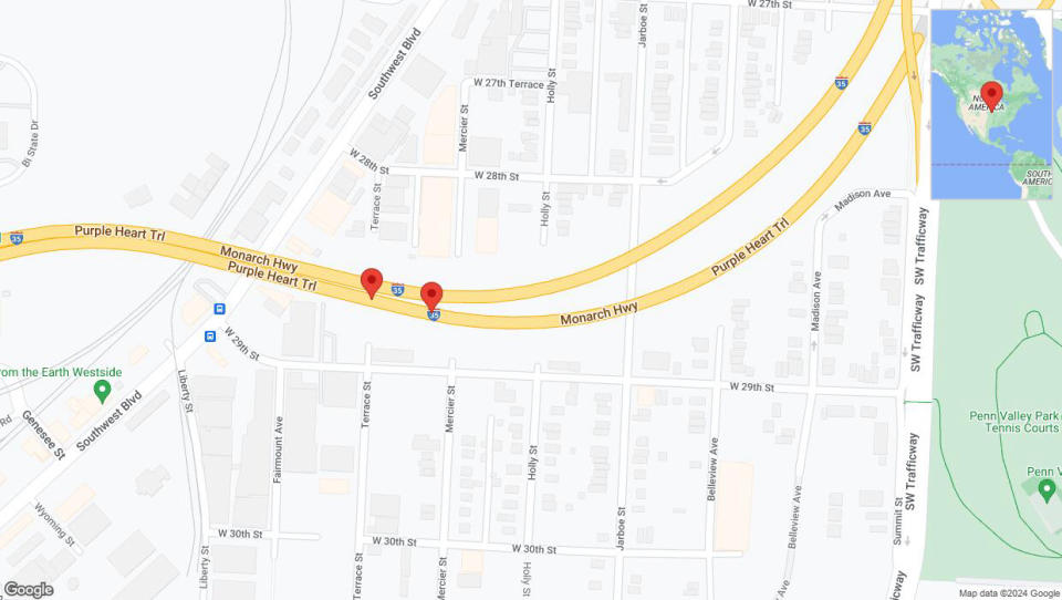 A detailed map that shows the affected road due to 'Broken down vehicle on northbound I-35 in Kansas City' on July 16th at 8:08 p.m.