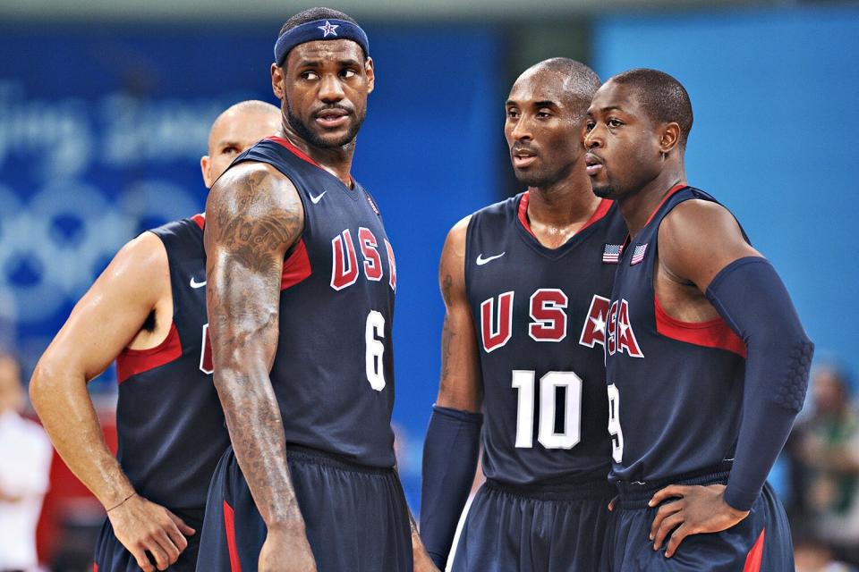 USA Jason Kidd (5), LeBron Jame (6), Kobe Bryant (10), and Dwyane Wade (9) victorious vs Argentina during Men's Semifinal at Olympic Basketball Gymnasium in Wukesong Culture and Sports Center. Beijing, China 8/22/2008