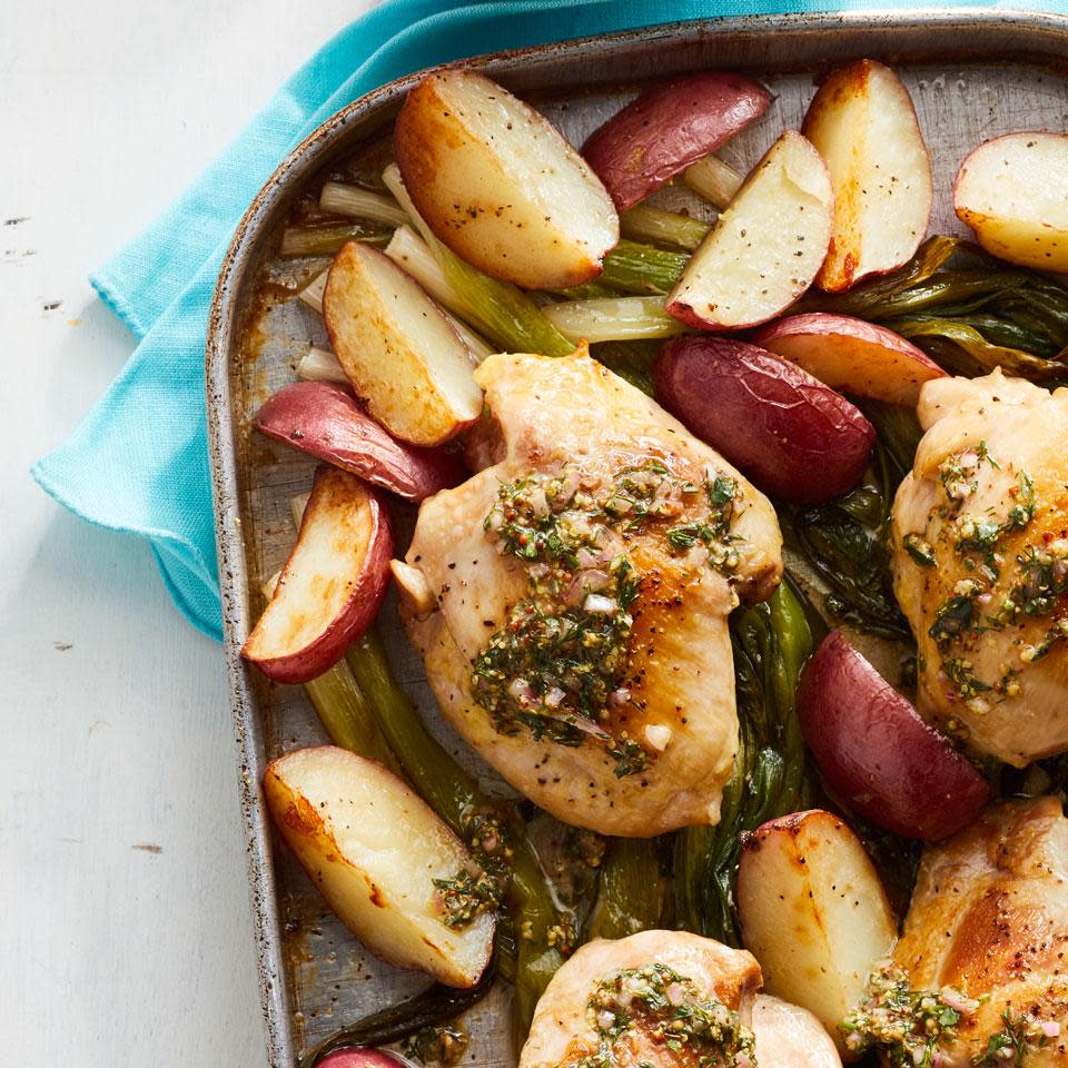 Roasted Chicken Thighs, Potatoes & Scallions with Herb Vinaigrette