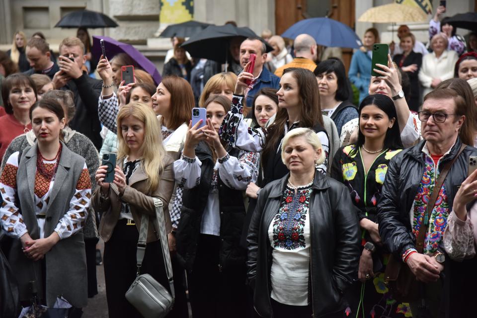 People gather during an event celebrating the World Vyshyvanka Day in Lviv, Ukraine on May 18, 2023. (Anadolu Agency via Getty Images)