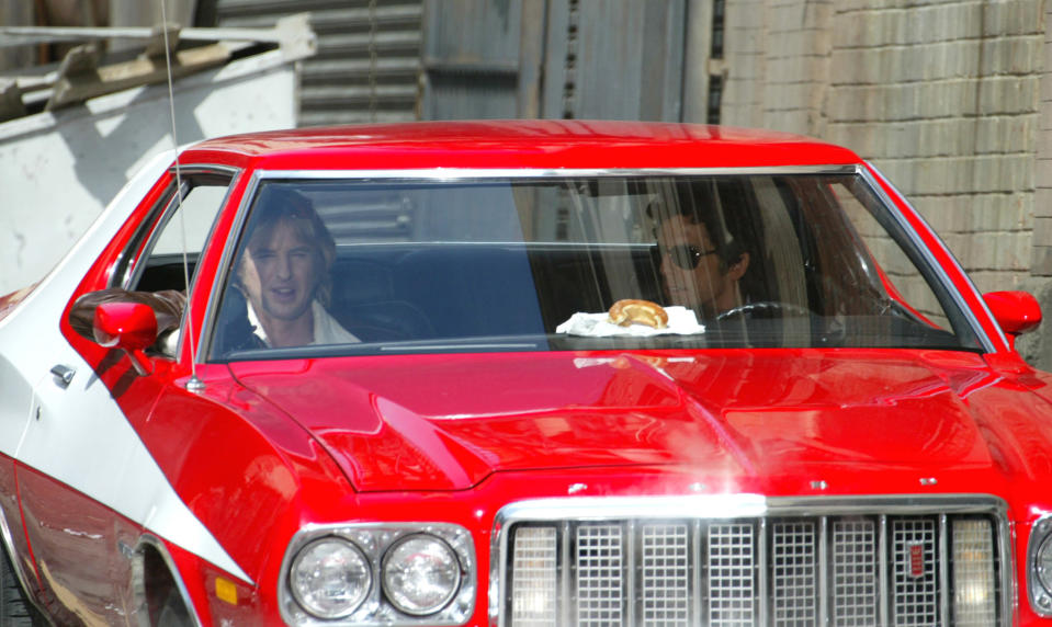 Owen Wilson and Ben Stiller are seen on the set of "Starsky and Hutch" on April 11, 2003 in Los Angeles, California