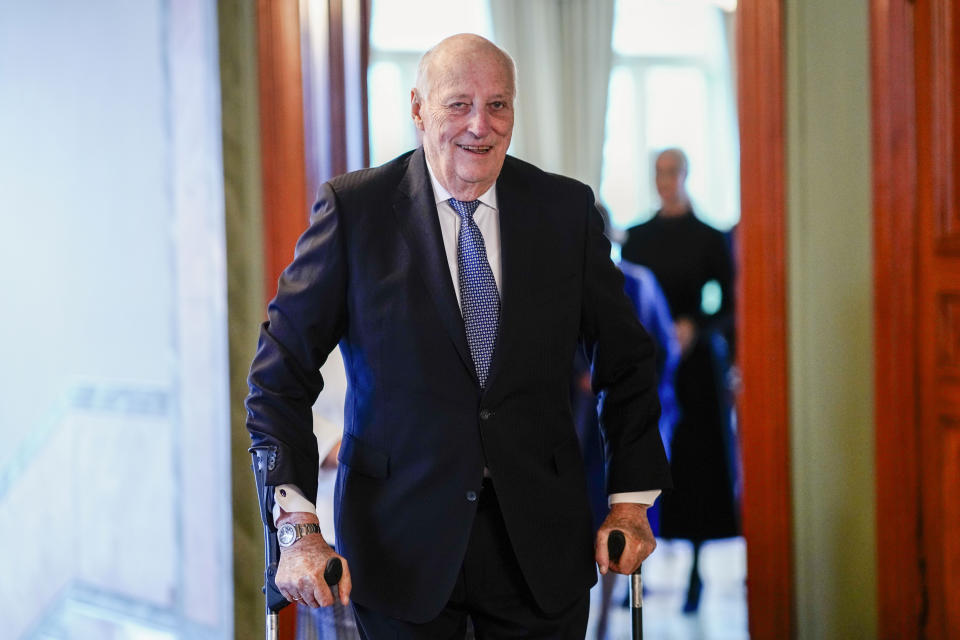 Norway's King Harald on his way to lunch with the Norwegian government in Oslo, Norway, Wednesday Feb. 14, 2024. (Cornelius Poppe/NTB Scanpix via AP)