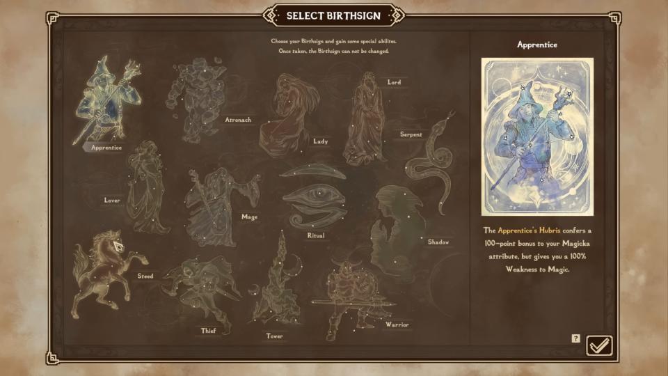 Skyblivion birthsign menu