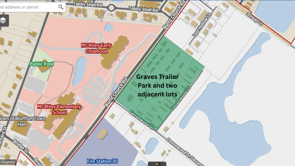 A map of Graves Trailer Park and two adjoining lots for sale in Bluffton.