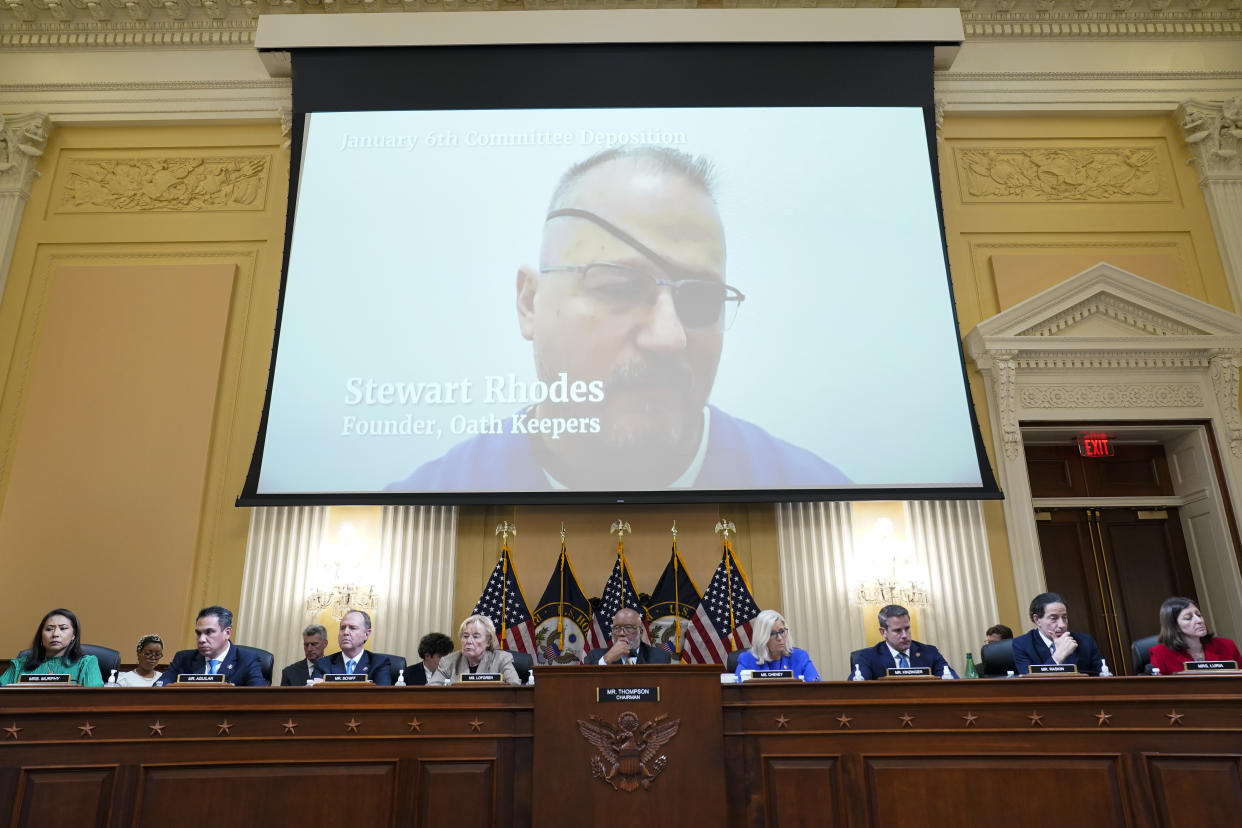 A video showing Stewart Rhodes speaking during an interview with the Jan. 6 Committee is shown at a hearing of the House select committee investigating the attack on the U.S. Capitol. (Andrew Harnik/AP)